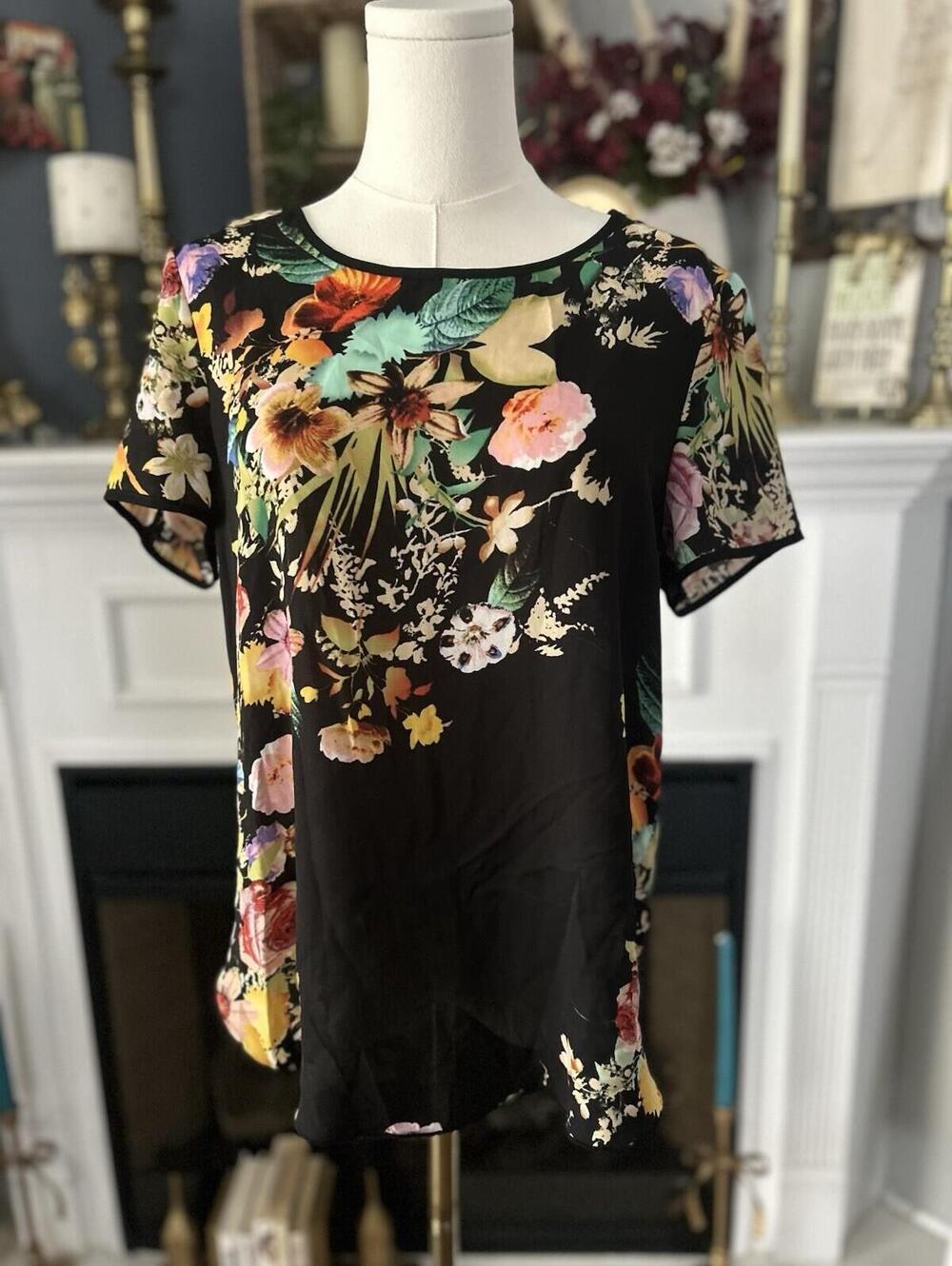Spense Brand Tropical Black Multicolored Floral Blouse Women’s Size Medium